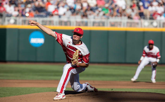SF Giants prospect Kade McClure throwing a pitch during the College World Series during his Louisville tenure. (2017)